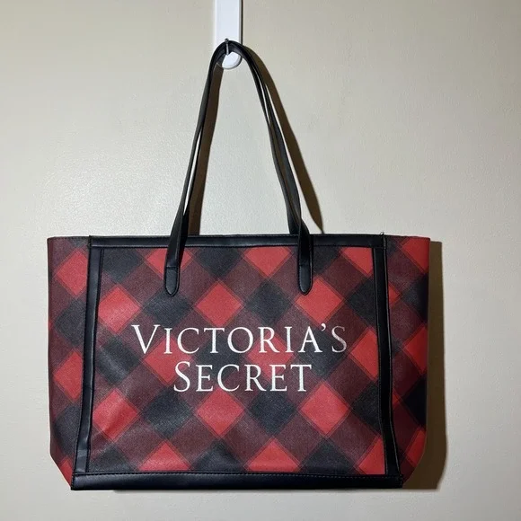 Victoria's Secret Open Top Weekender Holiday Black Red Plaid Women Tote Bag NWOT - Picture 2 of 12